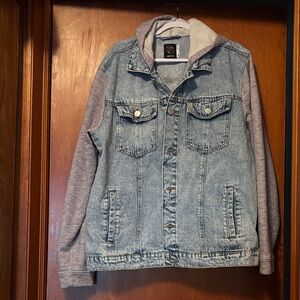 Original Use Denim Jacket with Heathered Gray Hoodie Sleeves XXL